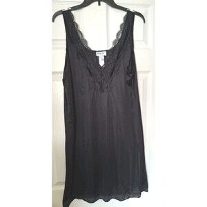 Vintage Vanity Fair Satin Slip Dress Womens Large 42 Nylon Black Lace Neckline